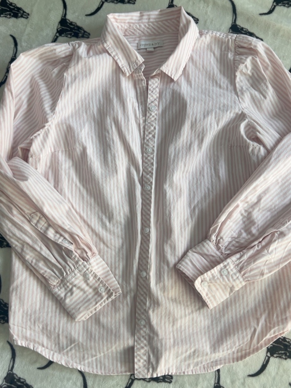 Crown & Ivy Pink White Striped Puff Sleeve Button Down Shirt Medium